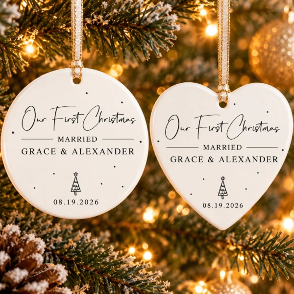 First Christmas Married Ornament with Personalized Names & Date — alternate product mockup first christmas married ornament with personalized names & date product image styled product photo