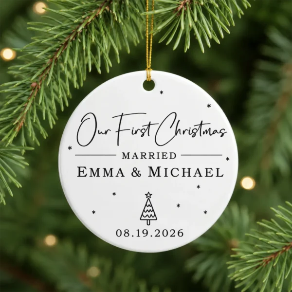 First Christmas Married Ornament with Personalized Names & Date — alternate product mockup first christmas married ornament with personalized names & date product image product photo