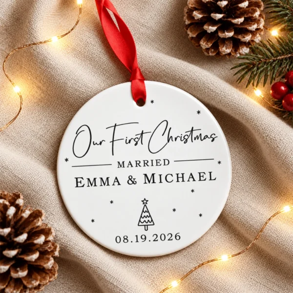 First Christmas Married Ornament with Personalized Names & Date — alternate product mockup first christmas married ornament with personalized names & date product image product detail