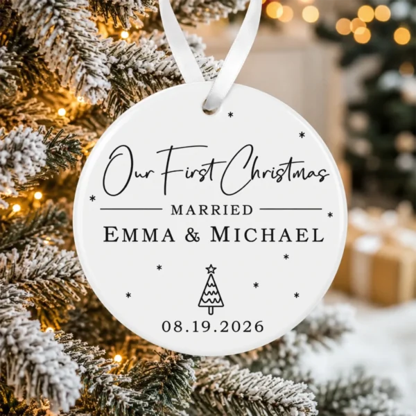 First Christmas Married Ornament with Personalized Names & Date — alternate product mockup first christmas married ornament with personalized names & date product image alternate angle