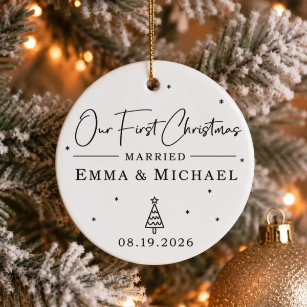 First Christmas Married Ornament with Personalized Names & Date — alternate product mockup first christmas married ornament with personalized names & date product image product photo