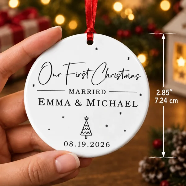 First Christmas Married Ornament with Personalized Names & Date — alternate product mockup first christmas married ornament with personalized names & date product image product photo