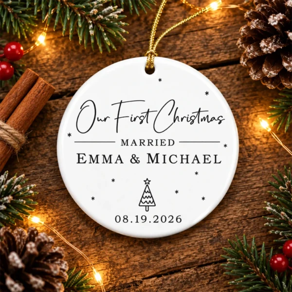 First Christmas Married Ornament with Personalized Names & Date — alternate product mockup first christmas married ornament with personalized names & date product image product photo