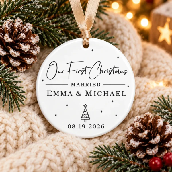First Christmas Married Ornament with Personalized Names & Date — alternate product mockup first christmas married ornament with personalized names & date product image product photo