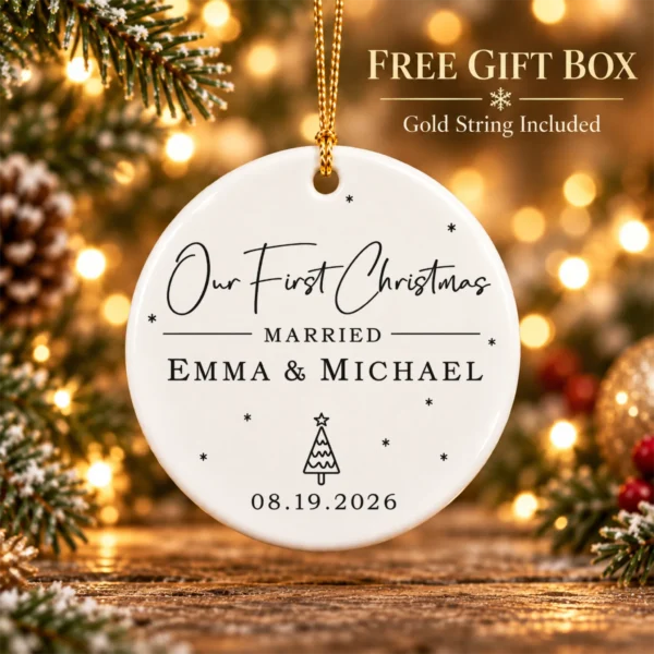 First Christmas Married Ornament with Personalized Names & Date — alternate product mockup first christmas married ornament with personalized names & date product image product photo