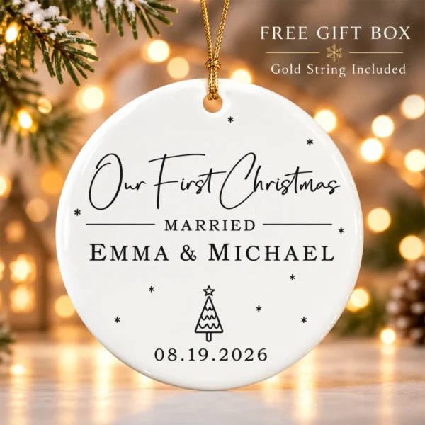 First Christmas Married Ornament with Personalized Names & Date — alternate product mockup first christmas married ornament with personalized names & date product image product photo