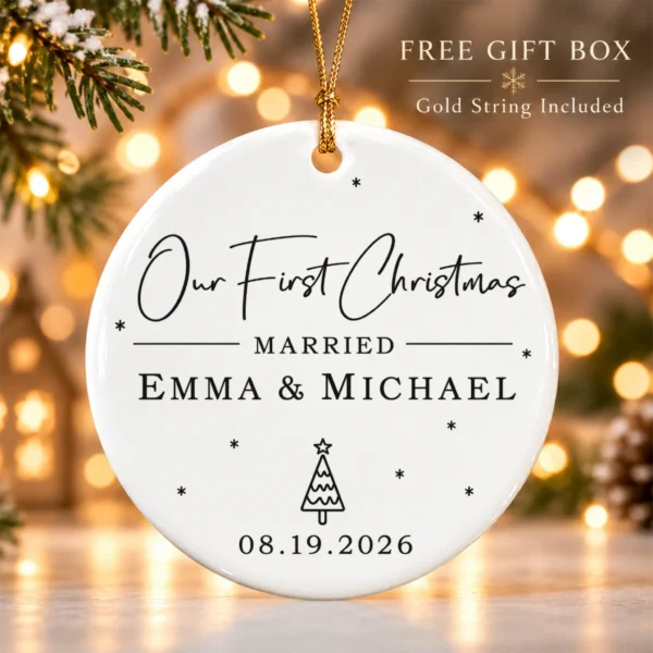 First Christmas Married Ornament with Personalized Names & Date — alternate product mockup first christmas married ornament with personalized names & date product image product photo