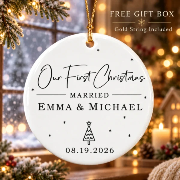 First Christmas Married Ornament with Personalized Names & Date — alternate product mockup first christmas married ornament with personalized names & date product image product photo