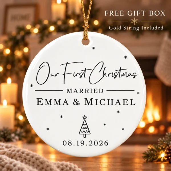 First Christmas Married Ornament with Personalized Names & Date — alternate product mockup first christmas married ornament with personalized names & date product image product photo