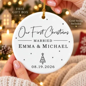 first christmas married ornament with personalized names & date product image