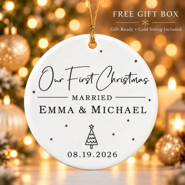 First Christmas Married Ornament with Personalized Names & Date — alternate product mockup first christmas married ornament with personalized names & date product image product photo