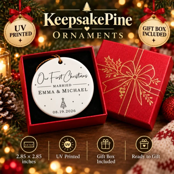 First Christmas Married Ornament with Personalized Names & Date — alternate product mockup first christmas married ornament with personalized names & date product image product photo