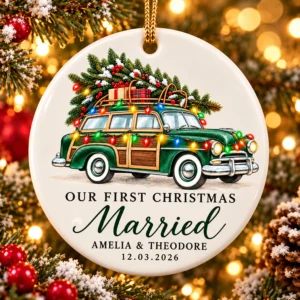 first christmas married ornament with vintage car product image