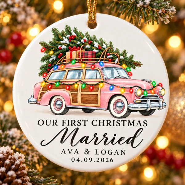 First Christmas Married Ornament with Vintage Car, Names and Date — alternate product mockup first christmas married ornament with vintage car product image mockup view