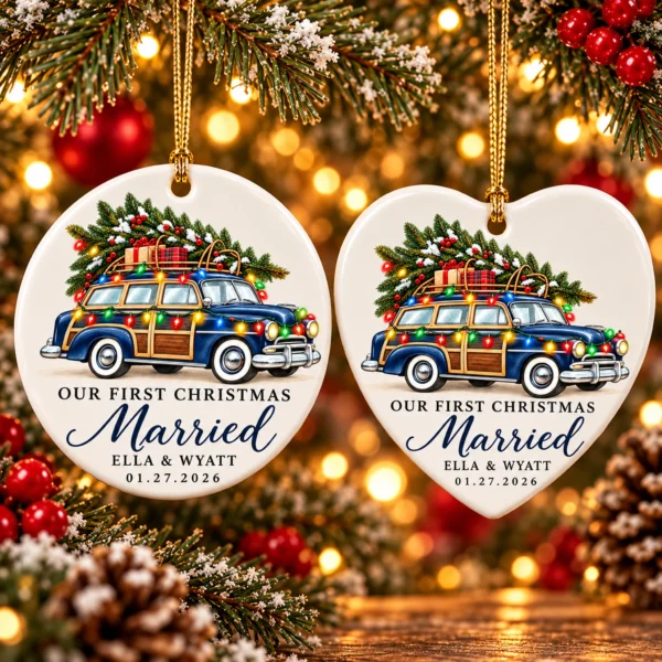 First Christmas Married Ornament with Vintage Car, Names and Date — alternate product mockup first christmas married ornament with vintage car product image lifestyle scene