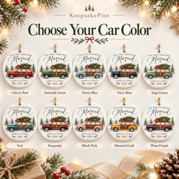 First Christmas Married Ornament with Vintage Car, Names and Date — alternate product mockup first christmas married ornament with vintage car product image close-up detail