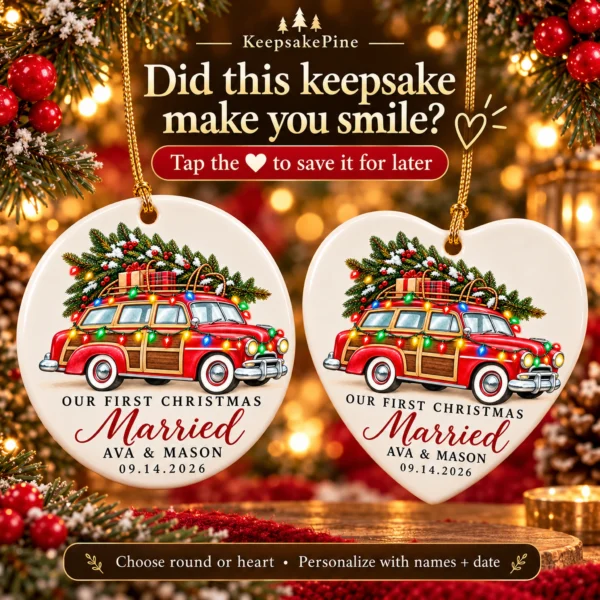 First Christmas Married Ornament with Vintage Car, Names and Date — alternate product mockup first christmas married ornament with vintage car product image styled product photo