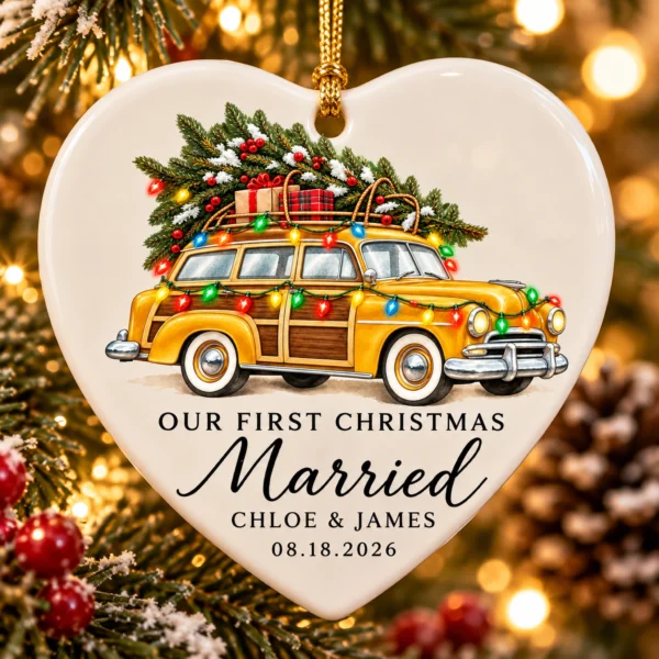 First Christmas Married Ornament with Vintage Car, Names and Date — alternate product mockup first christmas married ornament with vintage car product image product detail