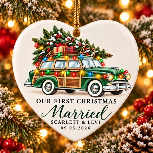 First Christmas Married Ornament with Vintage Car, Names and Date — alternate product mockup first christmas married ornament with vintage car product image alternate angle