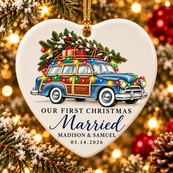 First Christmas Married Ornament with Vintage Car, Names and Date — alternate product mockup first christmas married ornament with vintage car product image product photo