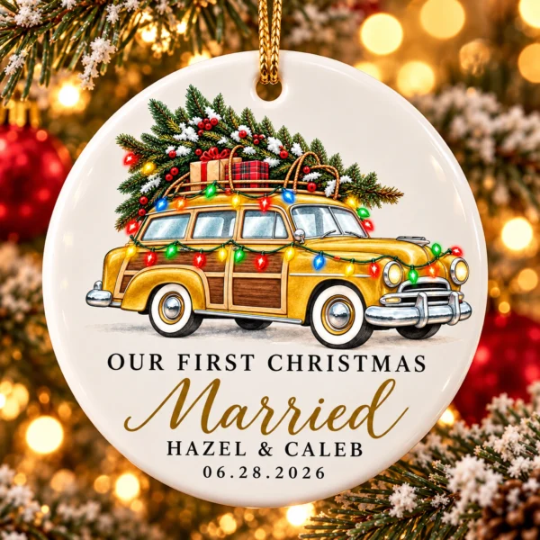 First Christmas Married Ornament with Vintage Car, Names and Date — alternate product mockup first christmas married ornament with vintage car product image product photo
