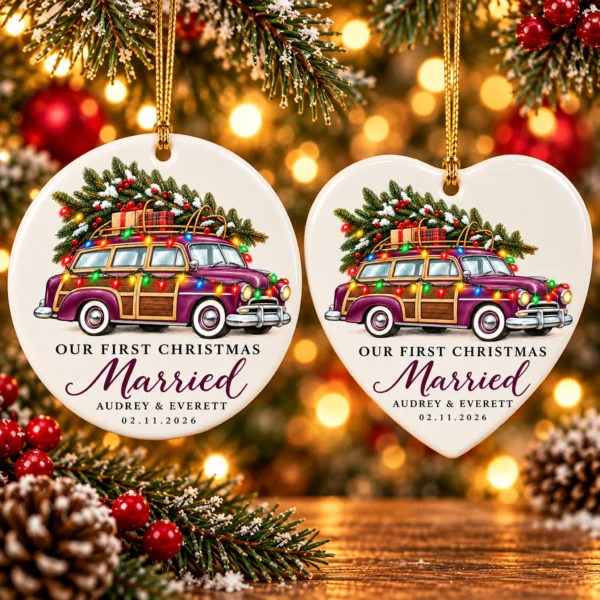 First Christmas Married Ornament with Vintage Car, Names and Date — alternate product mockup first christmas married ornament with vintage car product image product photo