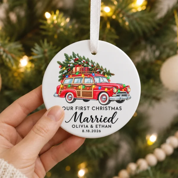 First Christmas Married Ornament with Vintage Car, Names and Date — alternate product mockup first christmas married ornament with vintage car product image product photo
