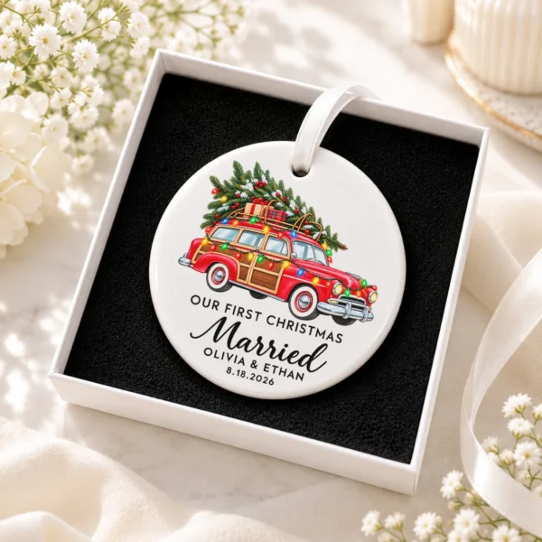 First Christmas Married Ornament with Vintage Car, Names and Date — alternate product mockup first christmas married ornament with vintage car product image product photo