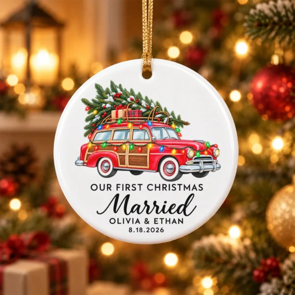 First Christmas Married Ornament with Vintage Car, Names and Date — alternate product mockup first christmas married ornament with vintage car product image product photo