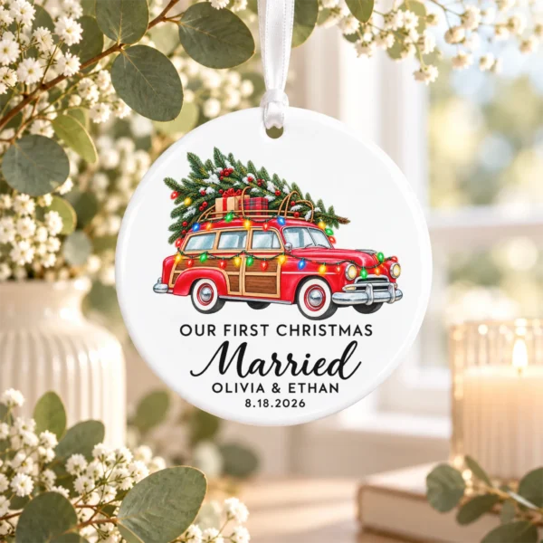 First Christmas Married Ornament with Vintage Car, Names and Date — alternate product mockup first christmas married ornament with vintage car product image product photo
