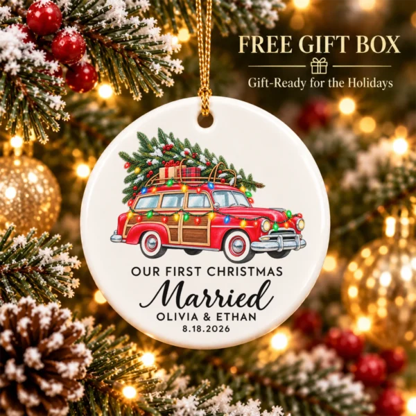 First Christmas Married Ornament with Vintage Car, Names and Date — alternate product mockup first christmas married ornament with vintage car product image product photo