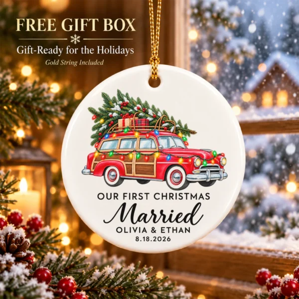 First Christmas Married Ornament with Vintage Car, Names and Date — alternate product mockup first christmas married ornament with vintage car product image front view