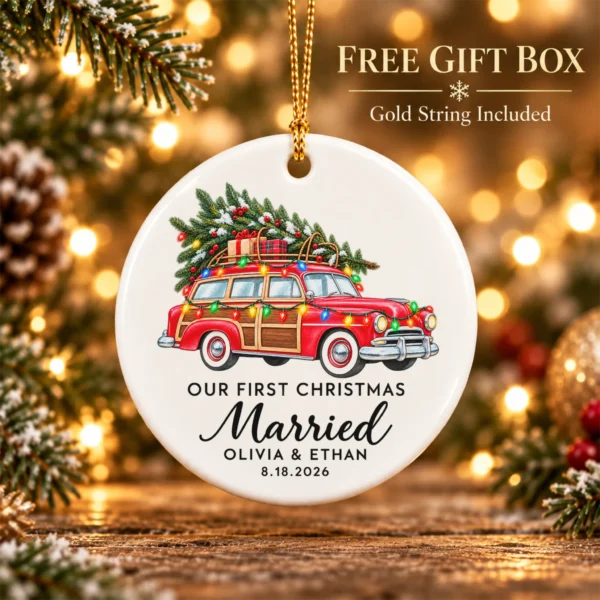First Christmas Married Ornament with Vintage Car, Names and Date — alternate product mockup first christmas married ornament with vintage car product image product photo