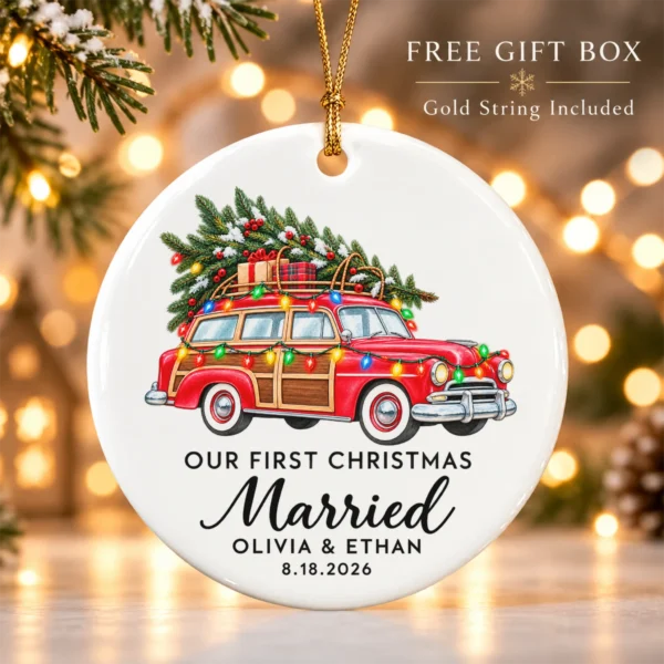 First Christmas Married Ornament with Vintage Car, Names and Date — alternate product mockup first christmas married ornament with vintage car product image product photo