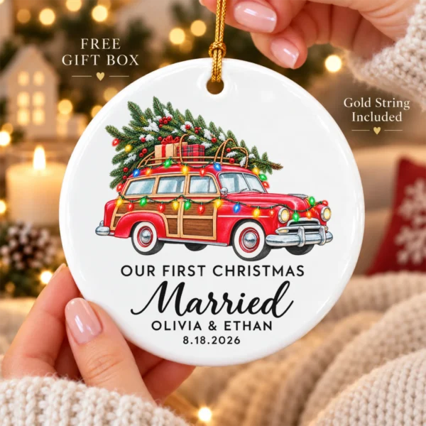 First Christmas Married Ornament with Vintage Car, Names and Date — alternate product mockup first christmas married ornament with vintage car product image product photo