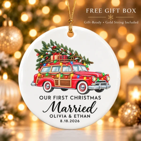 First Christmas Married Ornament with Vintage Car, Names and Date — alternate product mockup first christmas married ornament with vintage car product image product photo