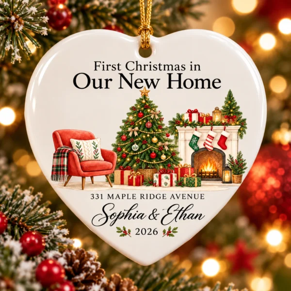 First Christmas New Home Ornament with Couple Names and Address — alternate product mockup first christmas new home ornament with couple names and address alternate product mockup