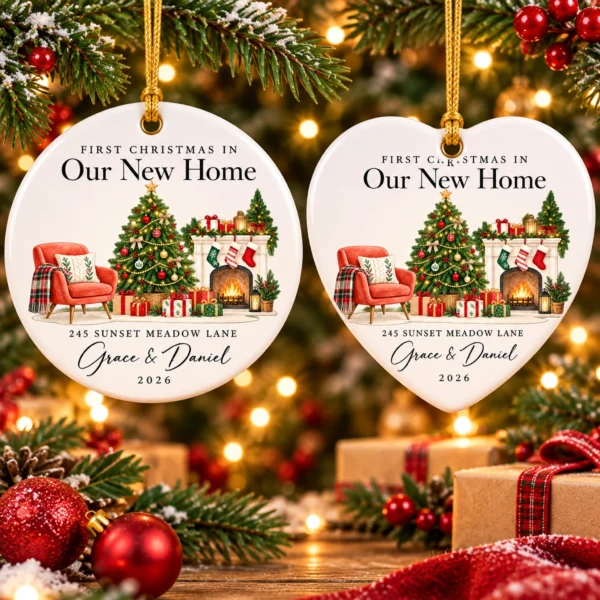 First Christmas New Home Ornament with Couple Names and Address — alternate product mockup first christmas new home ornament with couple names and address alternate product mockup