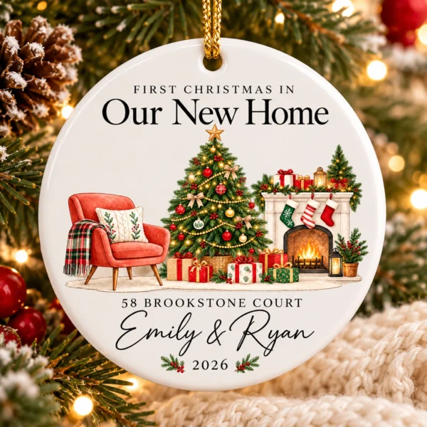First Christmas New Home Ornament with Couple Names and Address — alternate product mockup first christmas new home ornament with couple names and address alternate product mockup