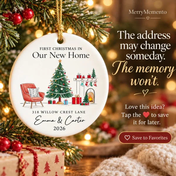 First Christmas New Home Ornament with Couple Names and Address — alternate product mockup first christmas new home ornament with couple names and address alternate product mockup