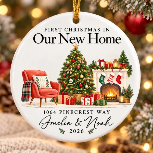 First Christmas New Home Ornament with Couple Names and Address — alternate product mockup first christmas new home ornament with couple names and address alternate product mockup