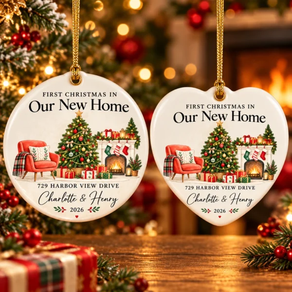 First Christmas New Home Ornament with Couple Names and Address — alternate product mockup first christmas new home ornament with couple names and address alternate product mockup