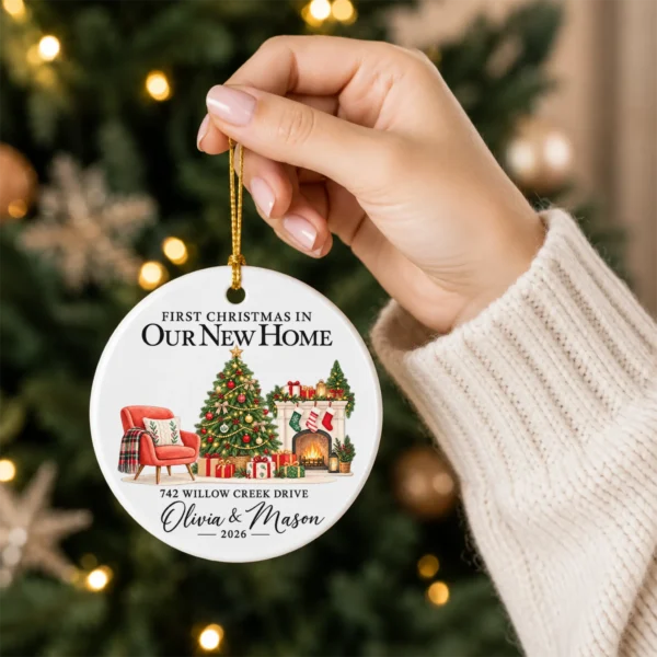 First Christmas New Home Ornament with Couple Names and Address — alternate product mockup first christmas new home ornament with couple names and address alternate product mockup