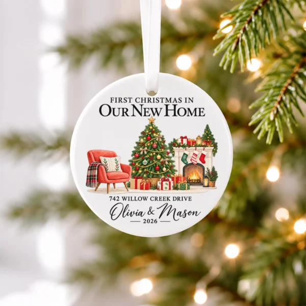 First Christmas New Home Ornament with Couple Names and Address — alternate product mockup first christmas new home ornament with couple names and address alternate product mockup