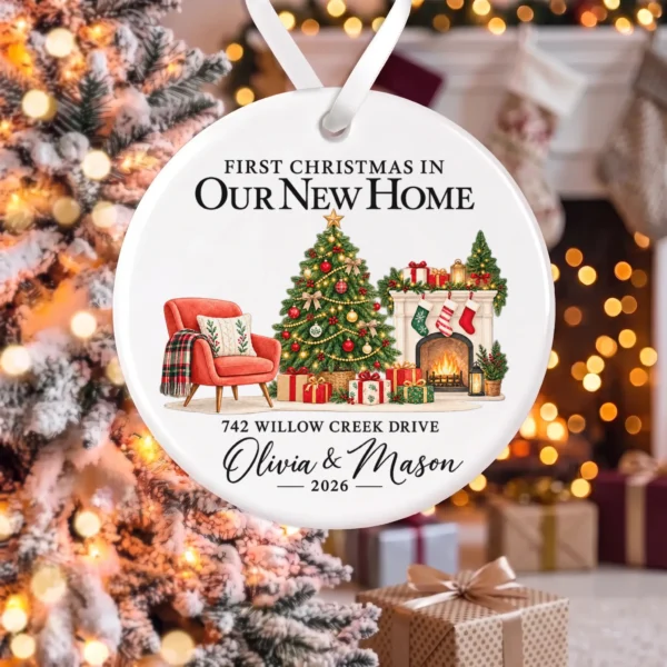 First Christmas New Home Ornament with Couple Names and Address — alternate product mockup first christmas new home ornament with couple names and address alternate product mockup