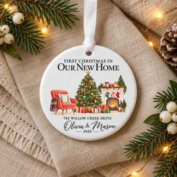 First Christmas New Home Ornament with Couple Names and Address — alternate product mockup first christmas new home ornament with couple names and address alternate product mockup