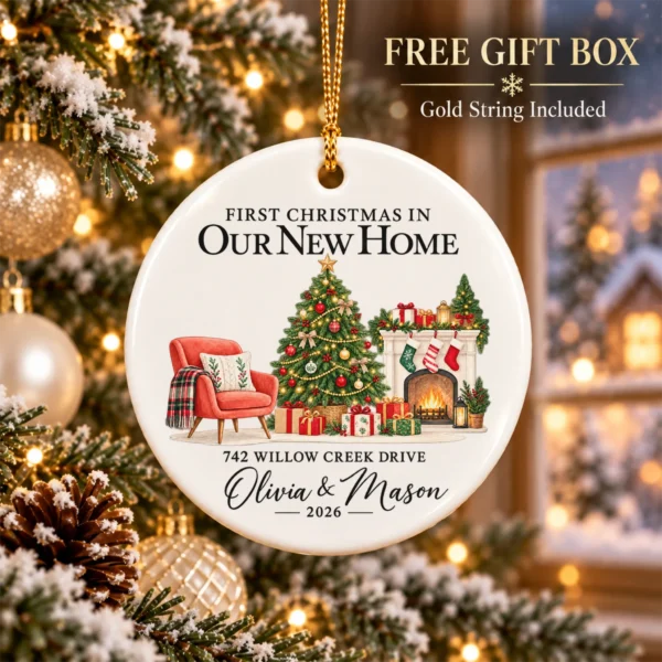 First Christmas New Home Ornament with Couple Names and Address — alternate product mockup first christmas new home ornament with couple names and address alternate product mockup