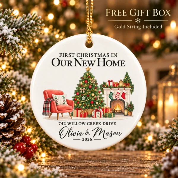 First Christmas New Home Ornament with Couple Names and Address — alternate product mockup first christmas new home ornament with couple names and address alternate product mockup