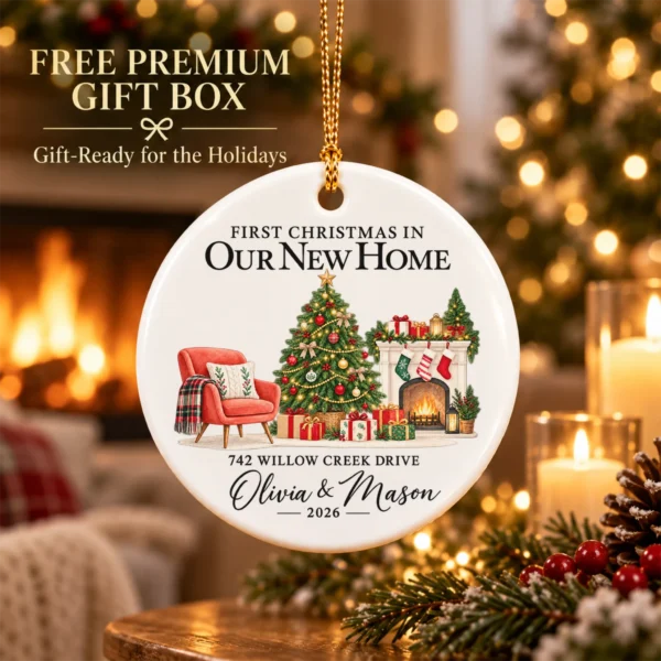 First Christmas New Home Ornament with Couple Names and Address — alternate product mockup first christmas new home ornament with couple names and address alternate product mockup