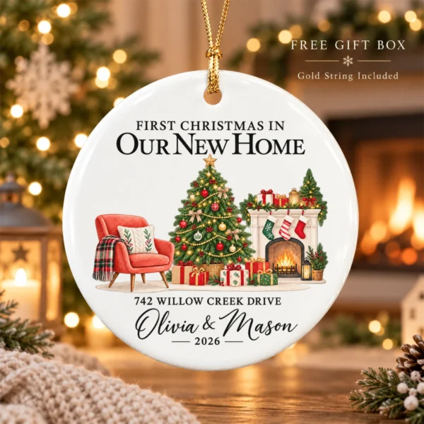 First Christmas New Home Ornament with Couple Names and Address — alternate product mockup first christmas new home ornament with couple names and address alternate product mockup